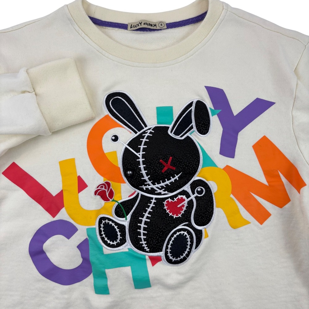 Lucky Charm Womens S Sweatshirt Voodoo Bunny Graphic Cropped Raw Hem Streetwear